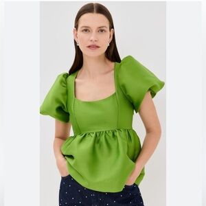 ALIGNE Allanah Puff Sleeve Peplum Green Satin Top
